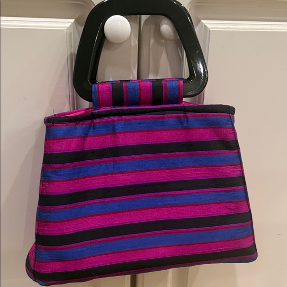 Striped Pink and Blue Women\'s Bag in dupioni silk lucite handles medium bag